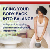 Woman in a kitchen holding a water bottle, bring your body back into balance graphic