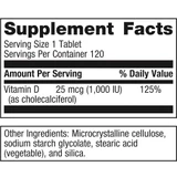 Vitamin D3 1000 supplement facts panel, 1 tablet serving
