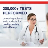 Doctor in a lab coat with text on ingredient testing