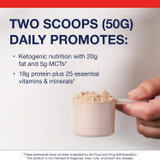 Hand holding a scoop of powder with two scoops daily text