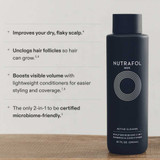 Bottle on a counter with scalp and hair benefit text