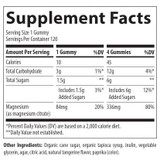 Magnesium Gummies supplement facts, 84 mg magnesium citrate per gummy, natural tangerine flavor
