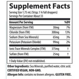 Liquid Ionic Potassium supplement facts, 99 mg potassium, magnesium and 375 mg ionic trace minerals per 1.75 mL