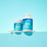 Mega IgG2000 powder tub and capsule bottle on a blue backdrop