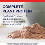 Pile of chocolate protein powder with plant protein text