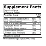 Nausea Ease supplement facts with vitamins C, K1 and B6, ginger, peppermint and lemon balm per capsule