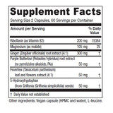 Butterbur Extra supplement facts with riboflavin, magnesium, ginger, butterbur, feverfew and 5-HTP per 2 capsules