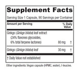 Ginkgo supplement facts, 80 mg ginkgo biloba leaf extract and 30 mg ginkgo leaf per capsule
