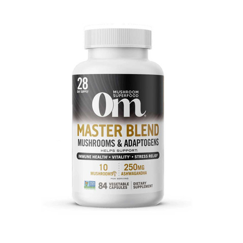 Om Mushroom Master Blend mushrooms and adaptogens 84 capsule bottle