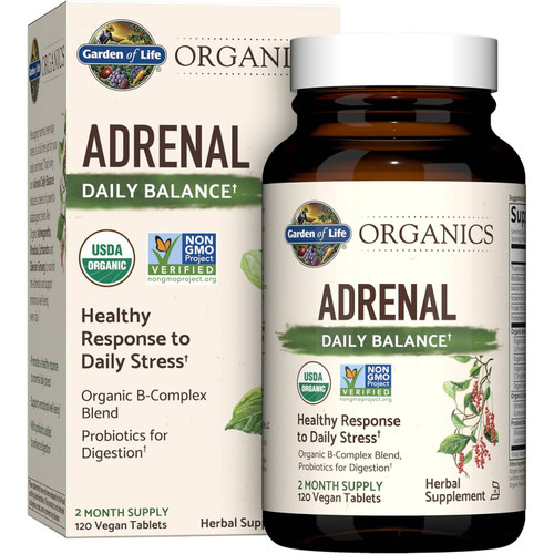 Garden of Life mykind Organics Adrenal Daily Balance 120 vegan tablet bottle and box