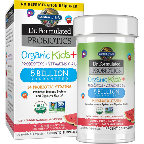 Garden of Life Dr. Formulated Probiotics Organic Kids+ Watermelon 5 billion 30 chewables box and bottle