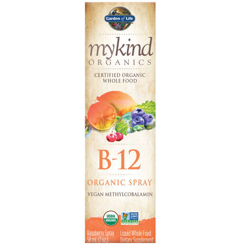 Garden of Life mykind Organics B-12 Organic Spray Raspberry vegan methylcobalamin bottle