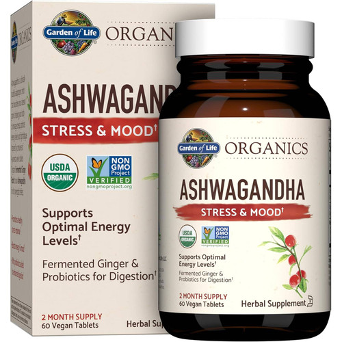 Garden of Life mykind Organics Ashwagandha Stress & Mood 60 vegan tablets box and bottle