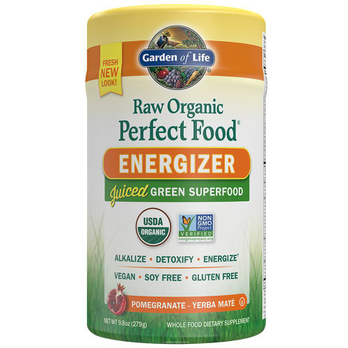 Garden of Life Raw Organic Perfect Food Energizer Juiced Green Superfood Pomegranate Yerba Mate canister