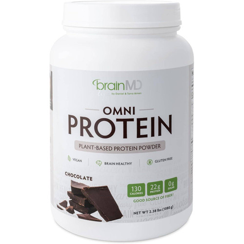 BrainMD Omni Protein plant-based protein powder Chocolate tub