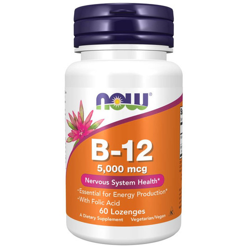 NOW Foods B-12 5,000 mcg with folic acid 60 lozenges bottle