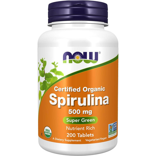 NOW Foods Certified Organic Spirulina 500 mg 200 tablets bottle