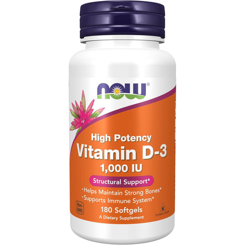 NOW Foods High Potency Vitamin D-3 1,000 IU 180 softgel bottle