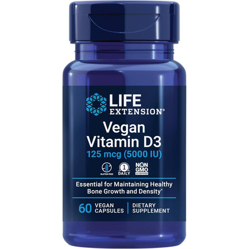 Life Extension Vegan Vitamin D3 125 mcg (5000 IU) 60 vegan capsules bottle