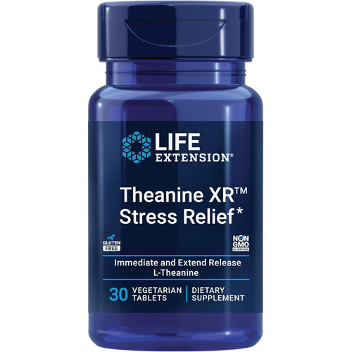 Life Extension Theanine XR Stress Relief 30 vegetarian tablet bottle