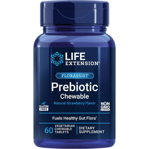 Life Extension FLORASSIST Prebiotic Chewable Natural Strawberry Flavor 60 vegetarian chewable tablets bottle