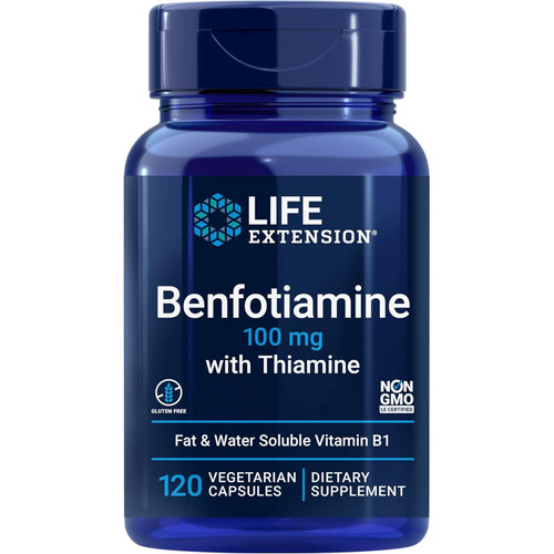 Life Extension Benfotiamine 100 mg with Thiamine 120 vegetarian capsule bottle