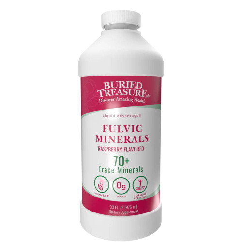 Buried Treasure Fulvic Minerals raspberry flavored 70+ trace minerals liquid bottle