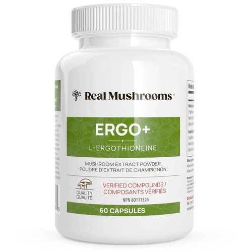 Real Mushrooms Ergo+ L-Ergothioneine mushroom extract powder 60 capsule bottle