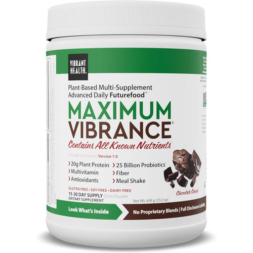 Vibrant Health Maximum Vibrance Chocolate Chunk plant-based multi-supplement 659 g tub