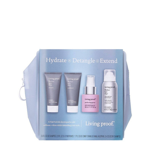 Living Proof Hydrate Detangle Extend kit blue pouch with four products