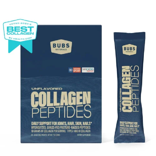 Bubs Naturals Unflavored Collagen Peptides packets box with a single-serve stick