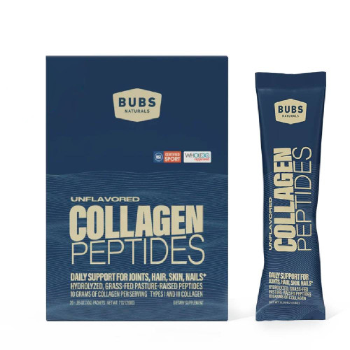 Bubs Naturals Unflavored Collagen Peptides packets box with a single-serve stick