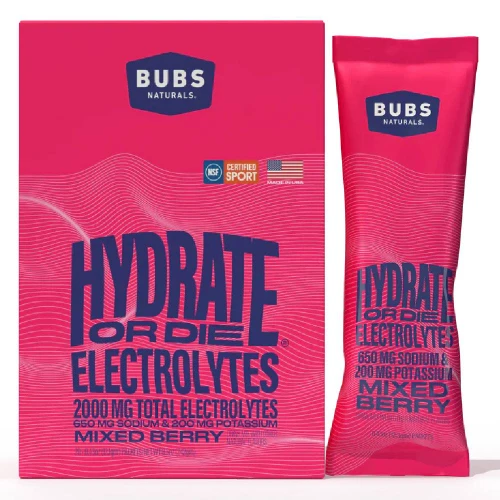 Bubs Naturals Hydrate or Die Electrolytes mixed berry box and packet
