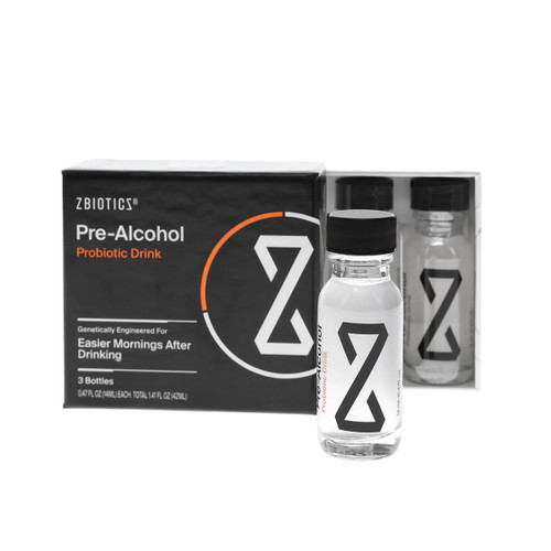 ZBiotics Pre-Alcohol Probiotic Drink 3-pack box with bottles