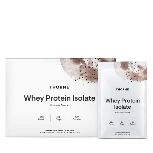 Thorne Whey Protein Isolate chocolate box and single-serve packet