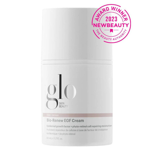 glo Skin Beauty Bio-Renew EGF Cream jar with 2023 NewBeauty award winner seal