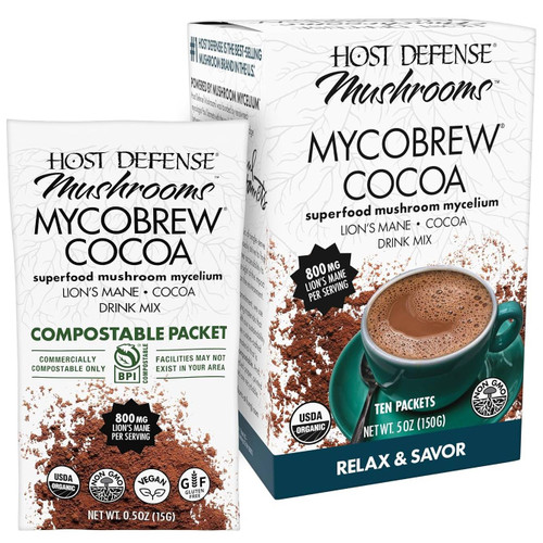 Host Defense MycoBrew Cocoa 10 single-serve packets carton