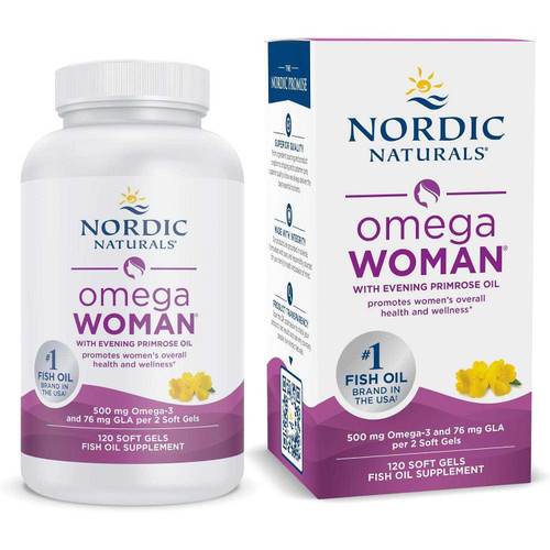 Nordic Naturals Omega Woman evening primrose 120 softgels bottle carton
