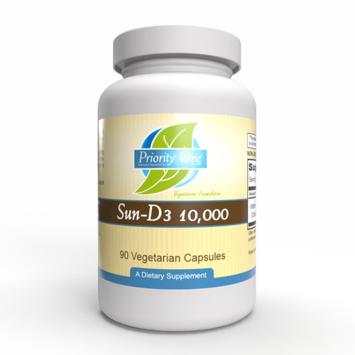 Priority One Sun-D3 10,000 IU 90 vegetarian capsules bottle front label