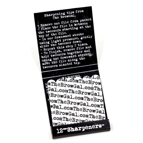 The BrowGal Tweezer Sharpeners pack of 12 with sharpening tips printed on the sleeve
