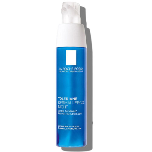 La Roche-Posay Toleriane Dermallergo Night moisturizer blue and white pump bottle
