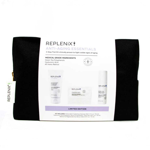 Replenix Anti-Aging Essentials 3 Step Trial Kit with black travel bag