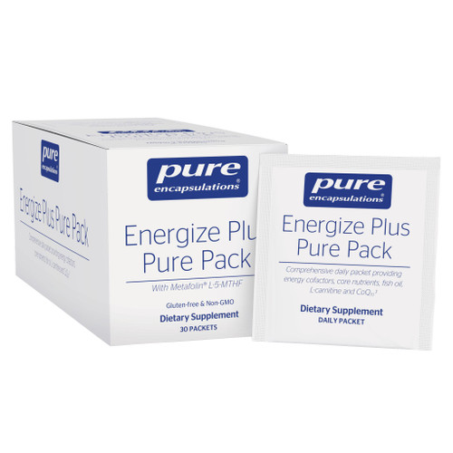 Pure Encapsulations Energize Plus Pure Pack box of 30 packets with a single packet