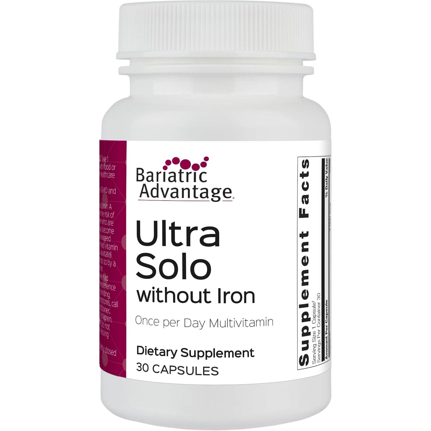 Bariatric Advantage Ultra Solo Without Iron Once Per Day Daily Multivitamin for Bariatric Patients with Thiamin, Vitamin A and More 30 Capsules