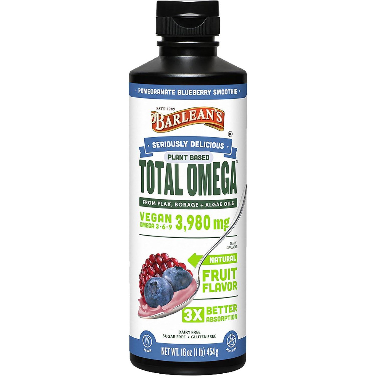 Barleans Organic Oils Seriously Delicious Pomegranate Blueberry Smoothie Total Omega Vegan - 454 Grams 40$