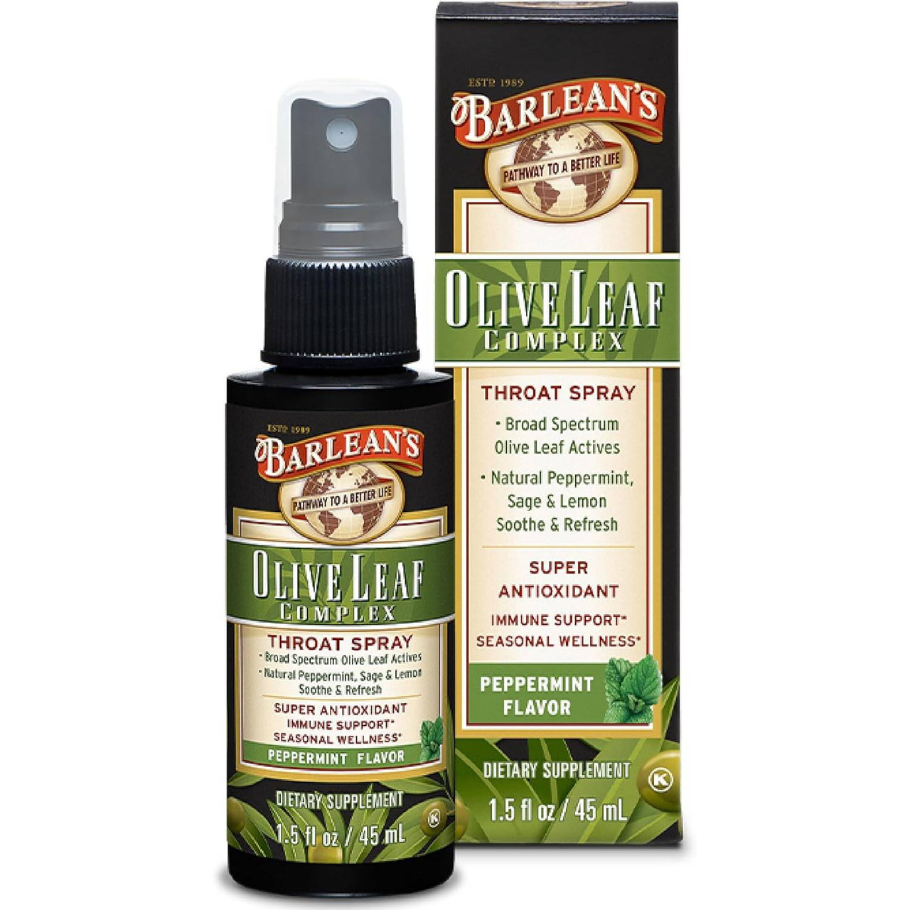 Barleans Organic Oils Olive Leaf Complex Throat Spray Peppermint - 45 Milliliters 17$