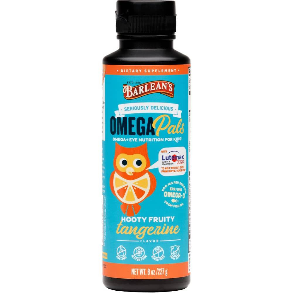 Barleans Organic Oils Seriously Delicious Omega Pals Hooty Fruity Tangerine Fish Oil + Eye Nutrition - 227 Grams