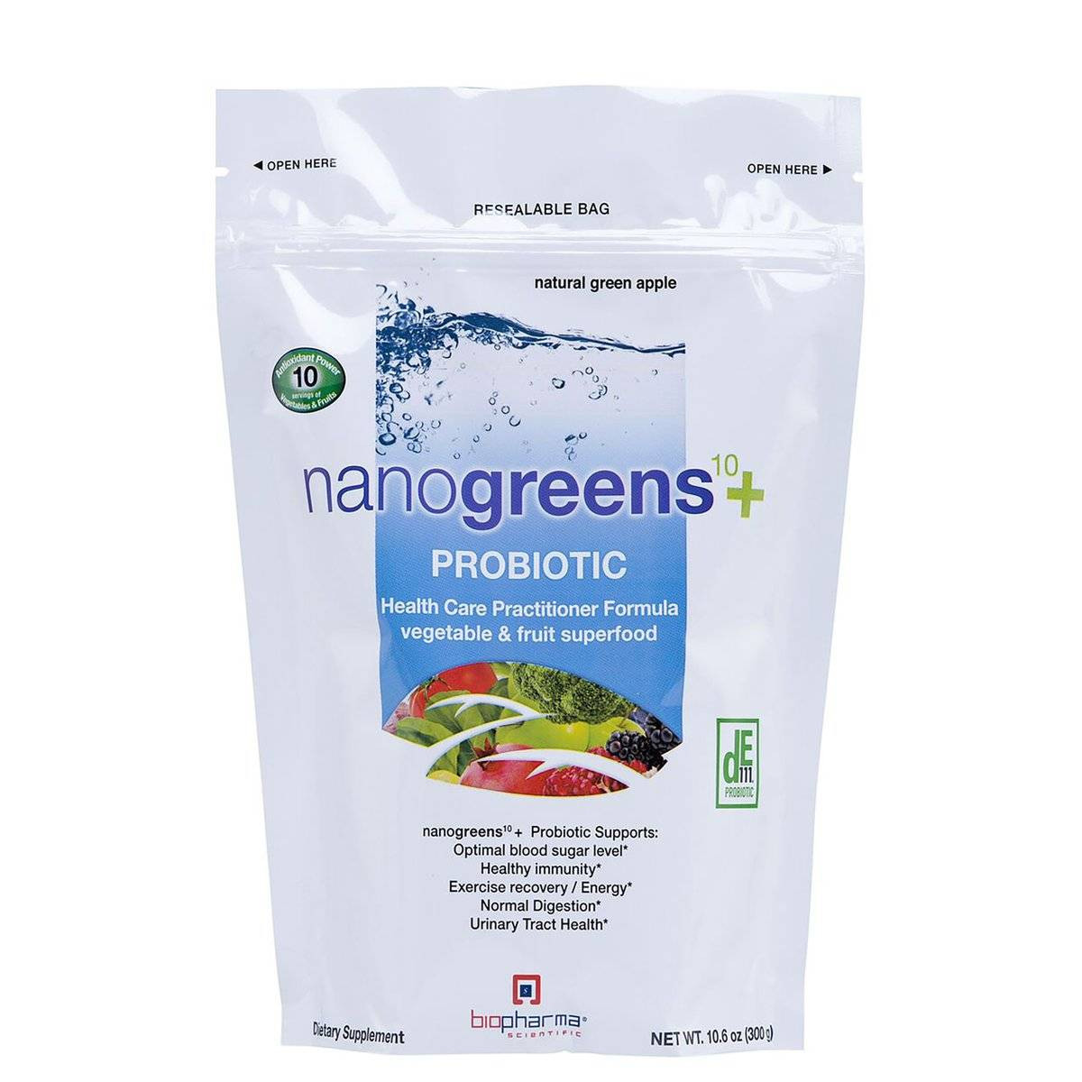 BioPharma Scientific NanoGreens+ Probiotic - Green Apple - 300 Grams