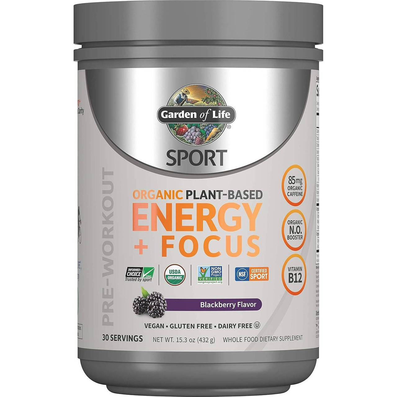Garden of Life SPORT Organic Pre-Workout Energy + Focus Blackberry - 432 Grams
