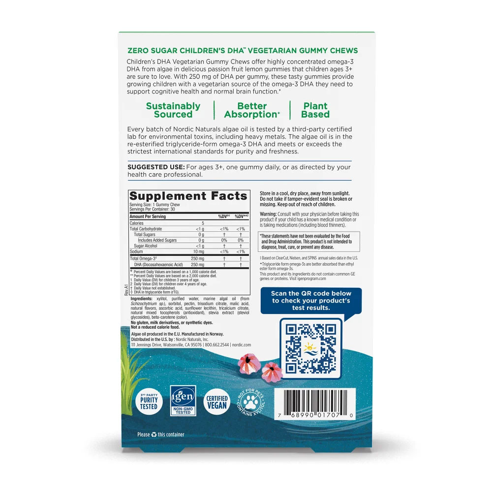 Nordic Naturals Zero Sugar Children's DHA Vegetarian Gummy Passion Fruit Lemon Flavor - 30 Chewables